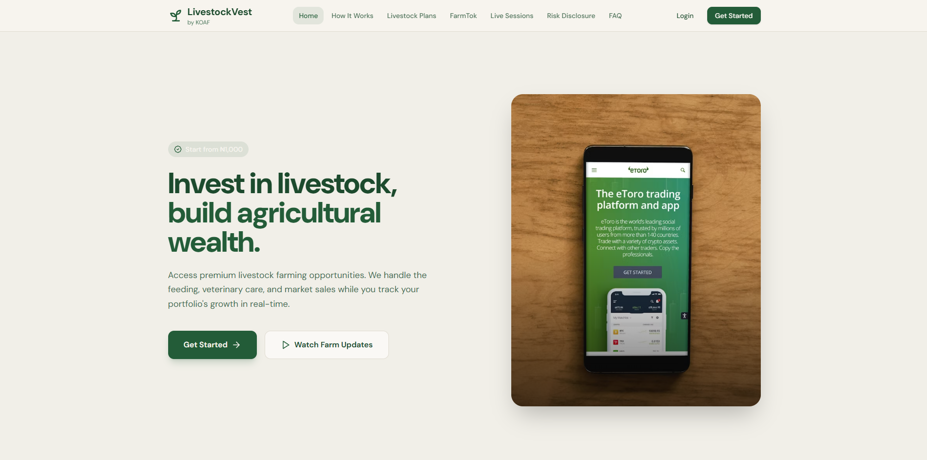 LivestockVest by KOAF — Digital Livestock Investment & Farm Participation Platform homepage preview