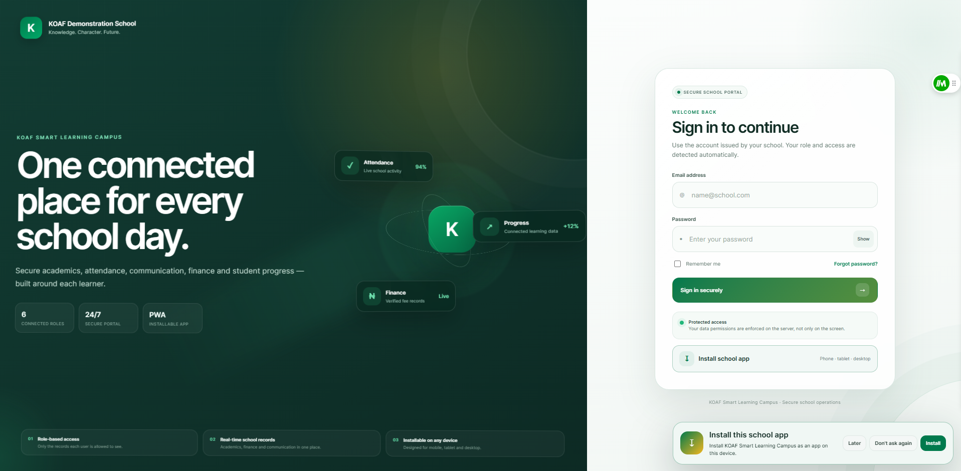 KOAF Smart Learning Campus — Smart School Management & Digital Transformation System homepage preview